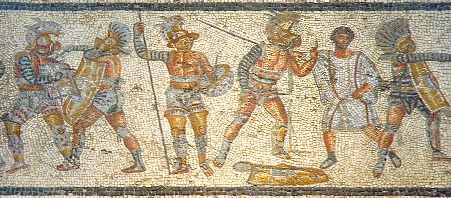 Imagem histórica ou artística relacionada aos gladiadores, combatentes famosos dos espetáculos romanos.