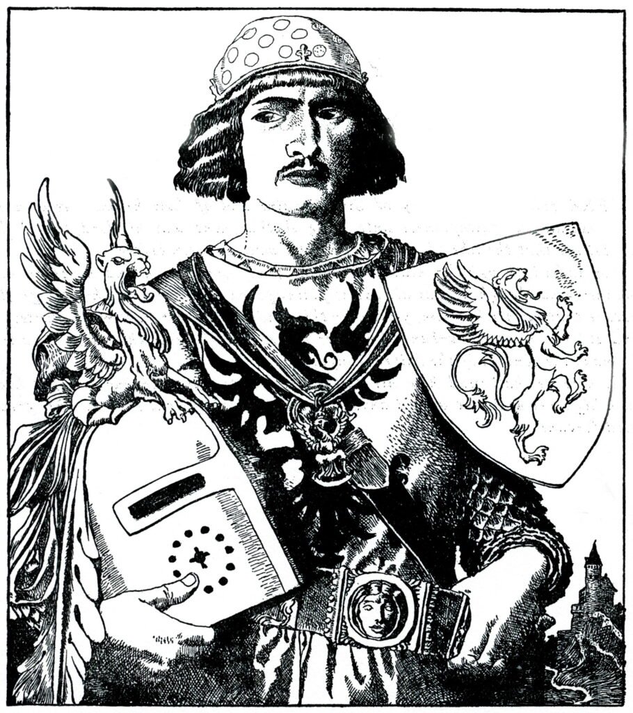 Representação de Sir Gawain, cavaleiro arturiano associado à honra, coragem e ao simbolismo solar.